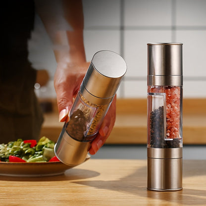 [Bestseller] Single Dual-Head Manual Pepper Grinder - Made with Stainless Steel, Durable Plastic, and a Transparent Design for Freshly Ground Black Pepper and Spices, a Must-Have Kitchen Tool with a Wooden Base