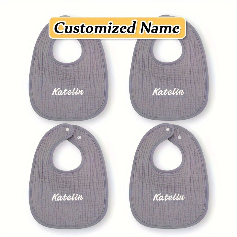 Set of four custom bibs with personalized names - made of soft, breathable, and highly absorbent material with adjustable snap closure. Perfect for newborns and makes a great gift for Christmas, New Year, or Halloween.