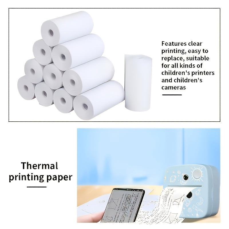 Pack of 10 thermal printer paper rolls for portable instant camera printer with smooth, recyclable surface and inkless printing.