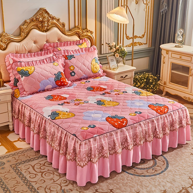 Experience a cozy sleep with our luxurious Crystal Velvet Bed Skirt Set. This 3-piece set includes pillowcases with a beautiful floral design. Machine washable for easy care, it provides a comfort fit with non-slip technology and full coverage.