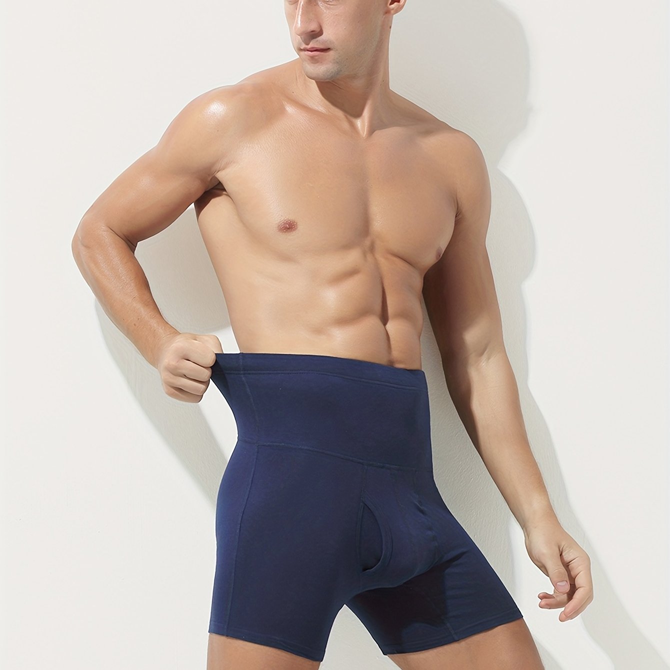 Men's super high-waisted long boxer briefs with front opening, extended leg length, and breathable, soft pure cotton material. Available in black, gray, and royal blue.