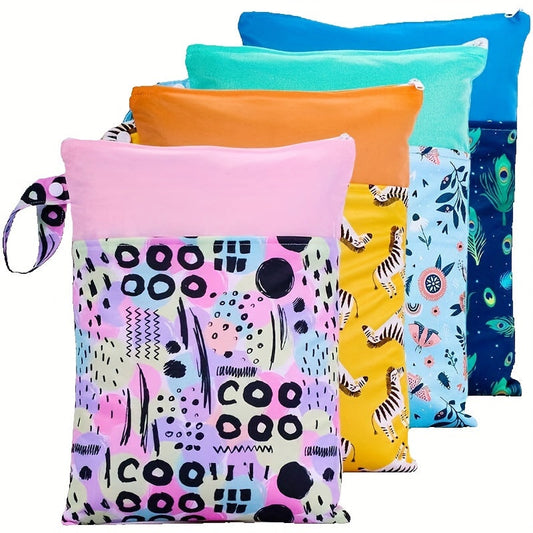 Waterproof multicolor reusable nappies bag with dimensions of 24.99*35.0cm. This wet dry mammy bag features a double pocket, cloth handle, and is a wetbag.