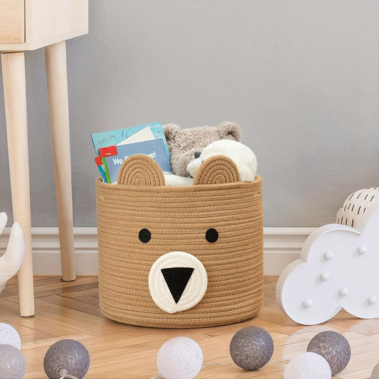 Durable Large Bear-Face Woven Toy Basket in Neutral Brown - Perfect for Clothes & Toy Storage in Nursery and Living Room