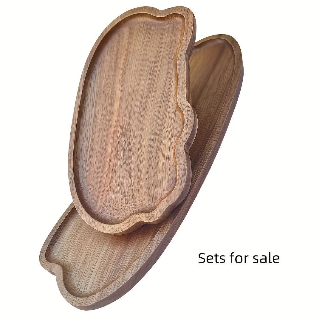 Acacia wood serving tray with smooth polished surface, irregular shape. Ideal for cheese, bread, fruits, and vegetables. Perfect for kitchen, restaurant, café, weddings, and holiday decor. Unique shape and wooden texture.