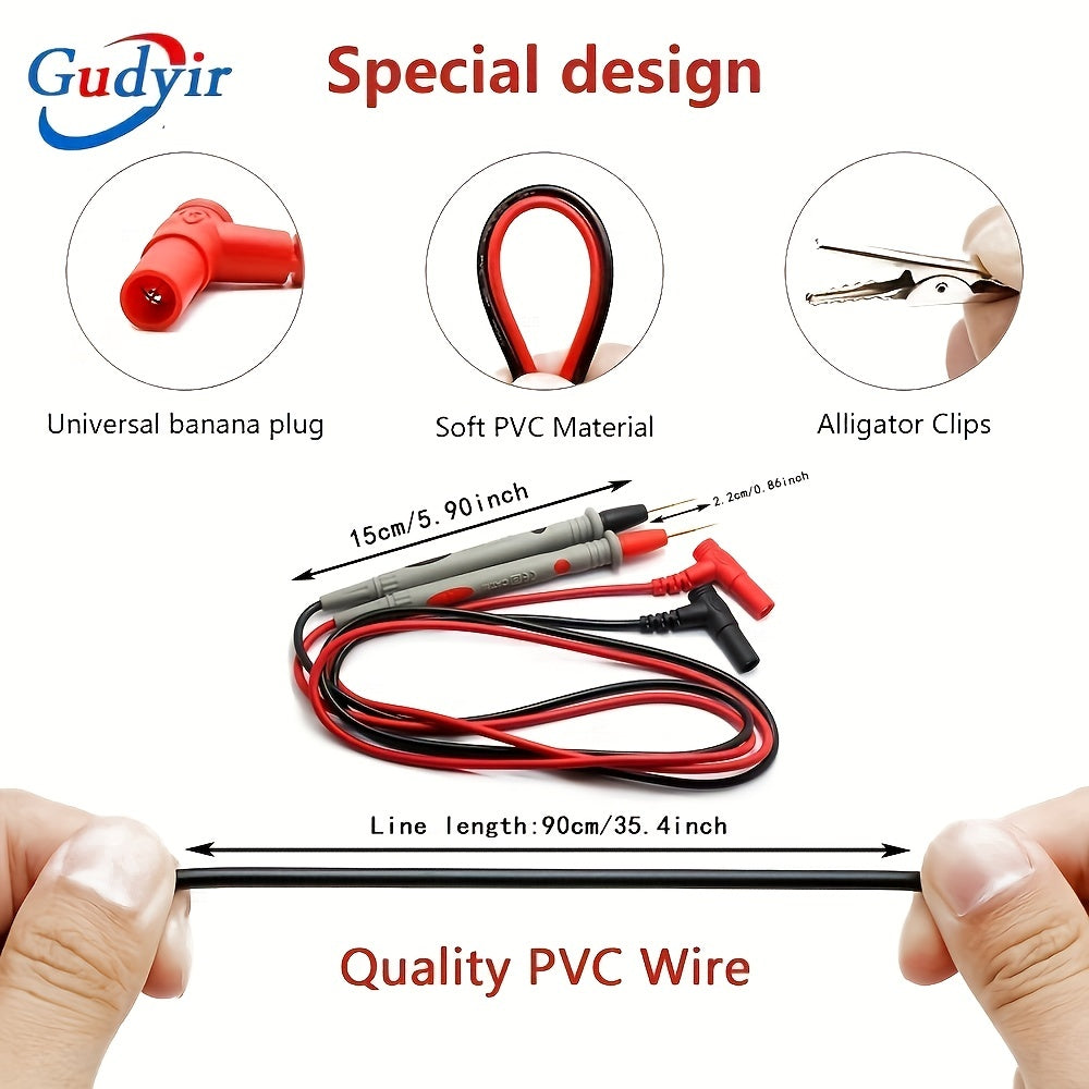 One set of universal multimeter test leads with alligator clips and various test probes for measuring AC/DC voltage up to 1000V and current up to 20A.