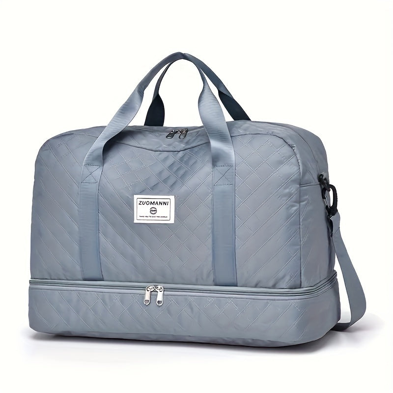 Large luxury duffel bag with multiple compartments for travel and gym use.