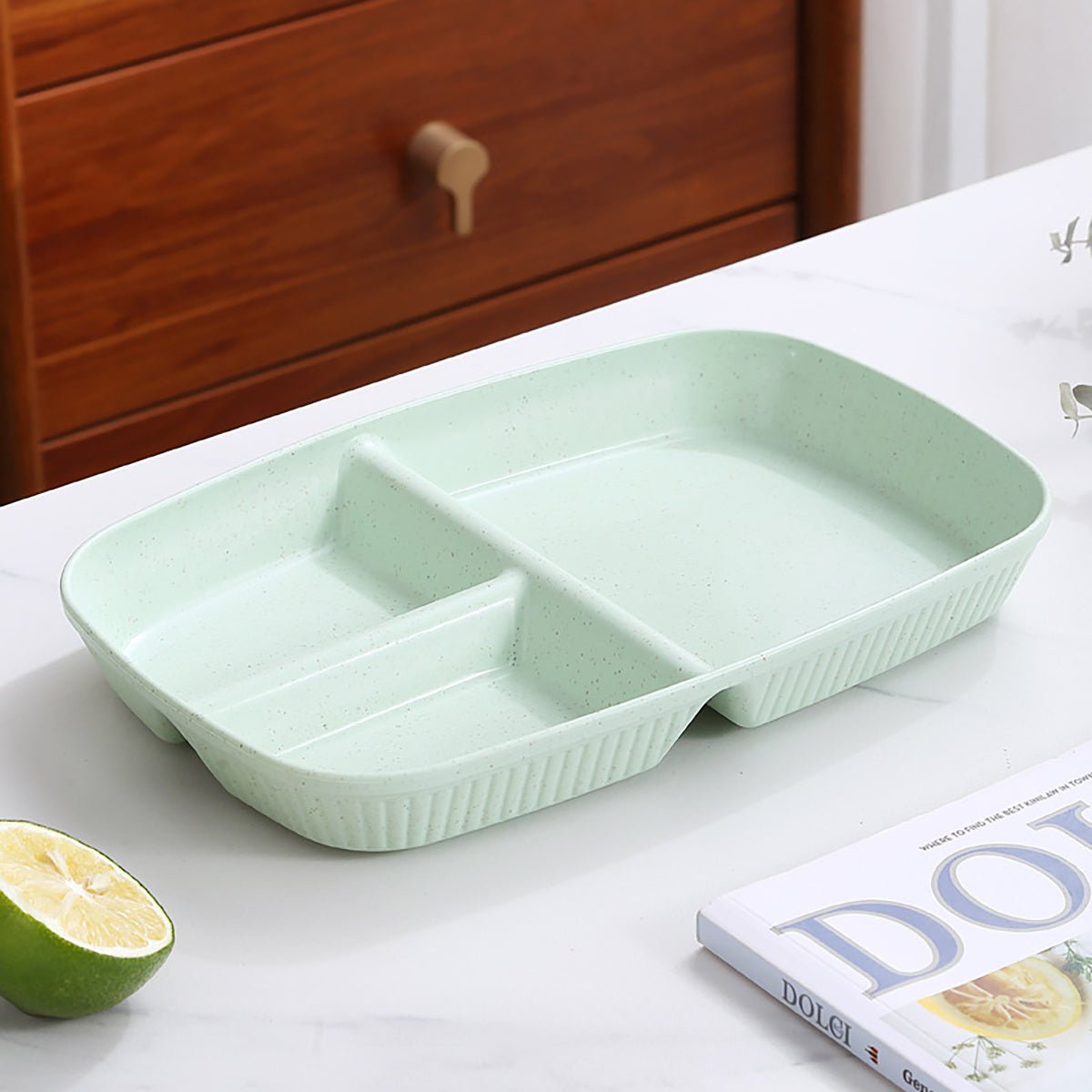 1-pc divided plates for portion control, including dessert and salad sections, made of microwave and dishwasher safe PP material.