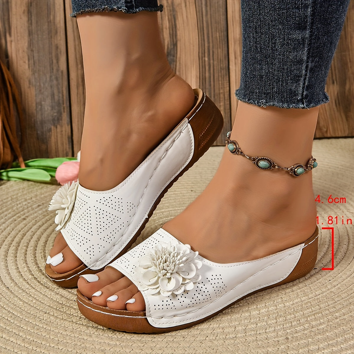 Women's Floral Embellished Open Toe Slides - Comfortable Slip-On Sandals with Thick Platform Sole