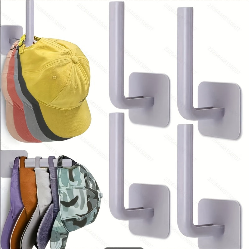 Pack of four plastic hat hooks that are self-adhesive and punch-free - they can be easily mounted on the ceiling without the need for electricity. These hooks are ideal for organizing your entryway, bathroom, or bedroom in a space-efficient manner using