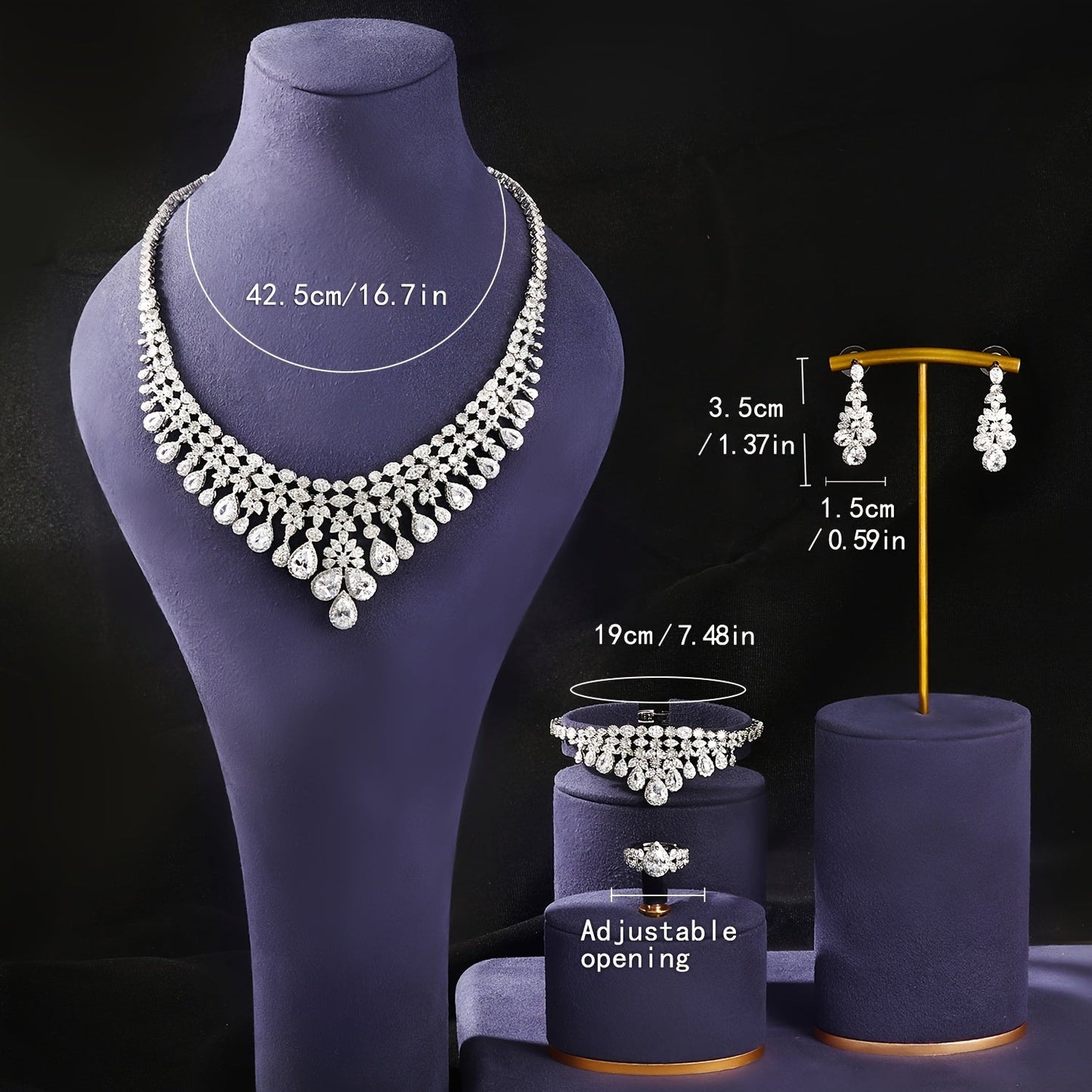 Exquisite Middle Eastern-Inspired Jewelry Collection - Platinum-Plated Copper adorned with Zirconia Details - Perfect for Weddings, Parties, and Ramadan - Includes Necklace, Earrings, Bracelet, and Ring - Timeless Beauty for Every Occasion