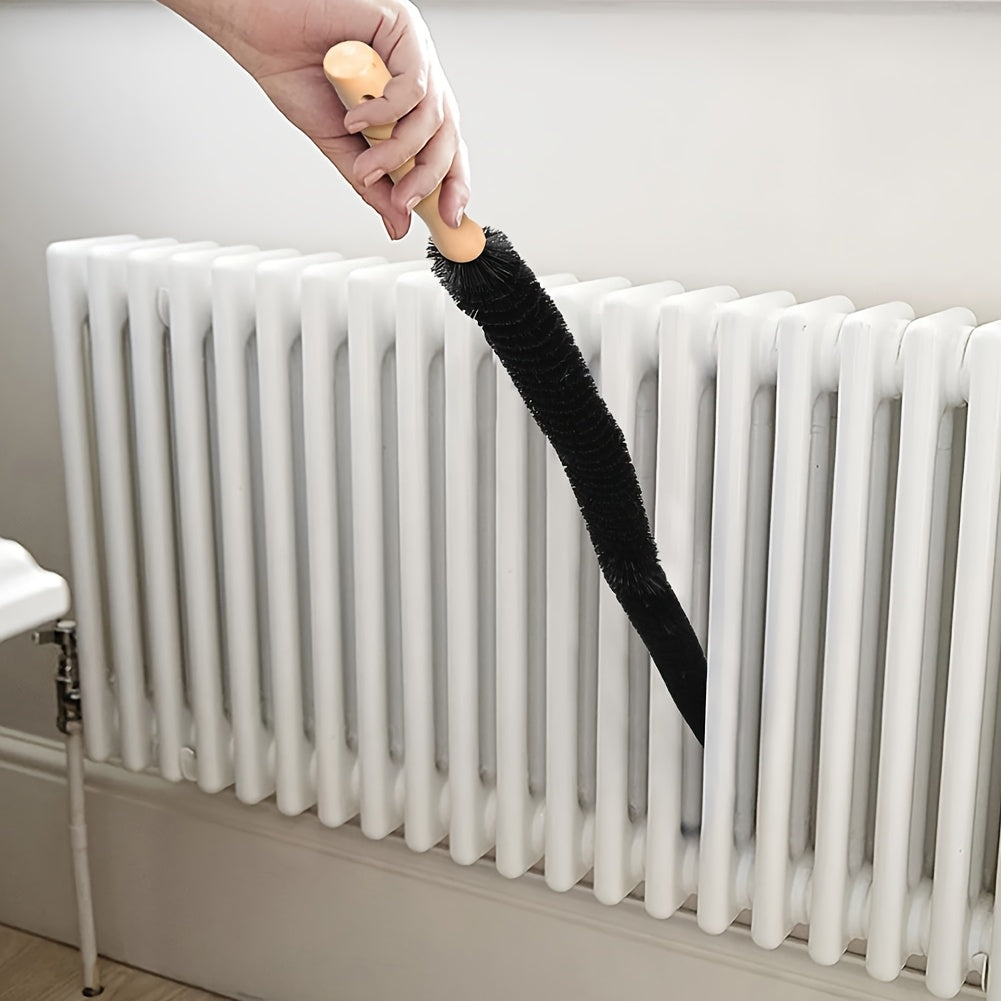 The radiator cleaner brush with a wooden handle and nylon bristles is a versatile tool with a 70cm/75cm metal body for effective dust and lint removal. It is perfect for cleaning vents, air conditioners, outdoor sinks, washers, dryers, refrigerators