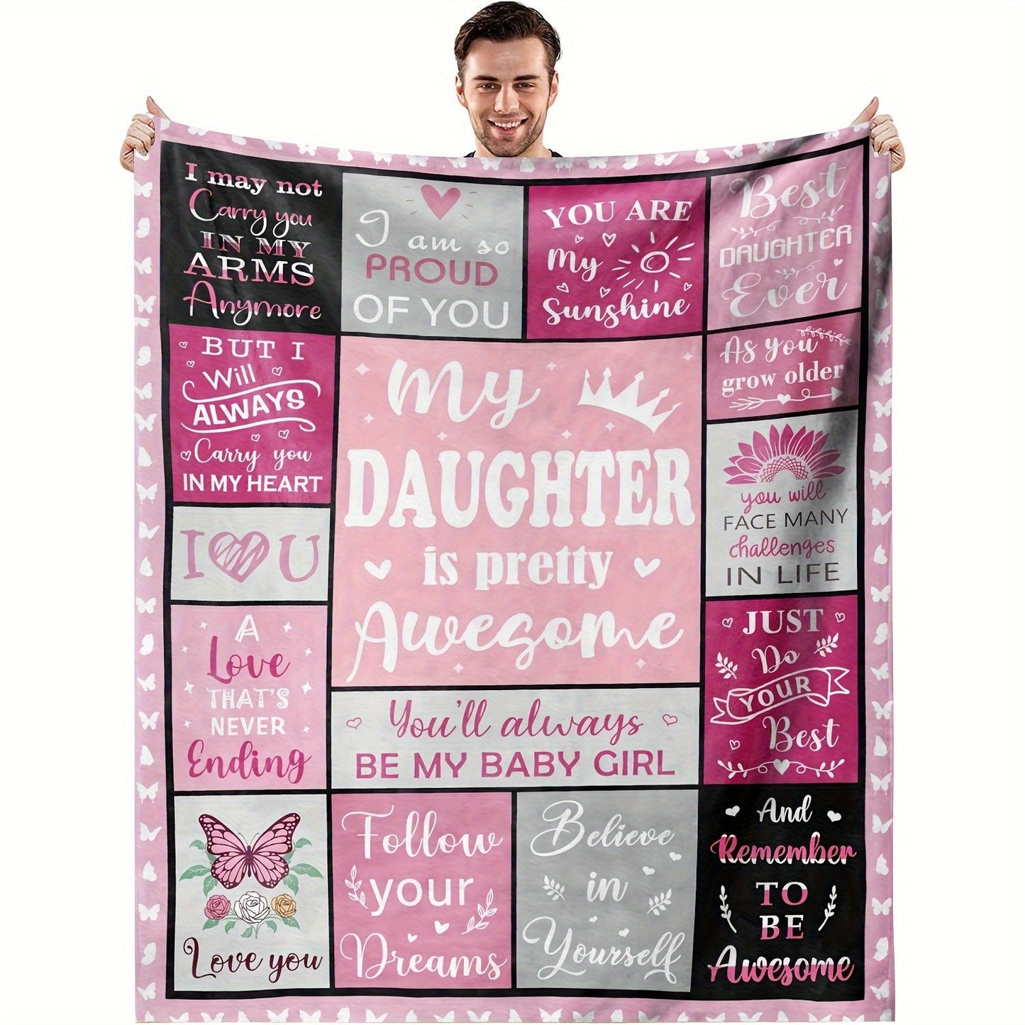 Soft flannel throw blanket with pink patchwork pattern and inspirational quotes, perfect for my daughter. The perfect gift for a cozy home decor.