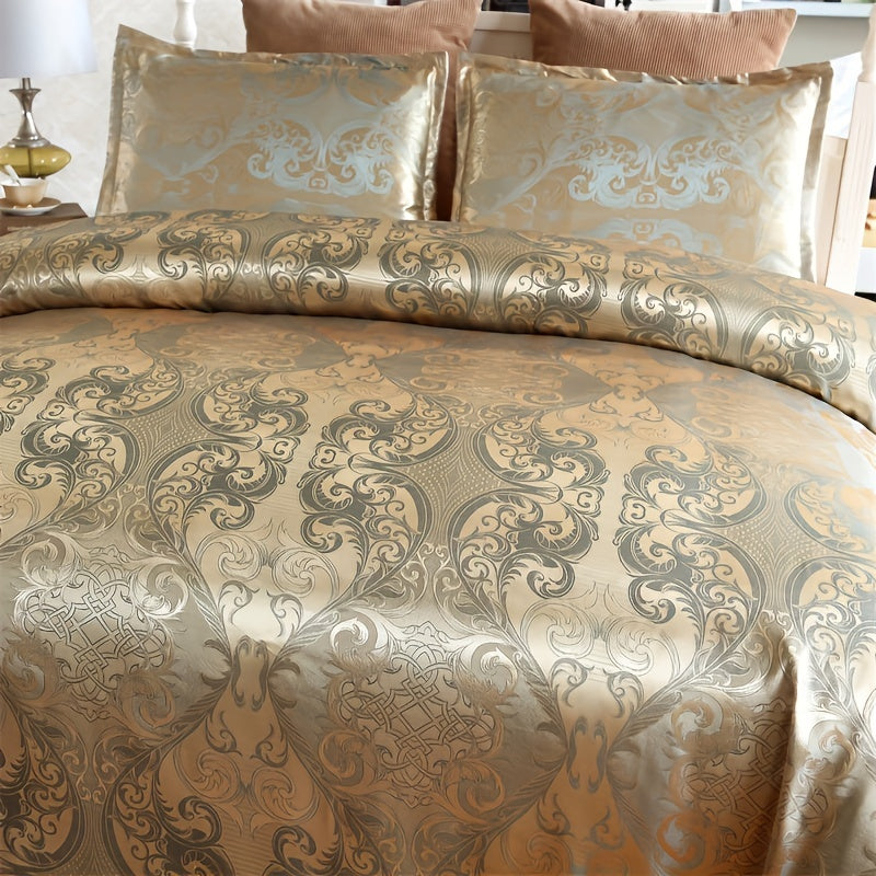 3-piece European-style satin jacquard quilt cover set with one quilt cover, a pair of pillowcases, and no inner core.