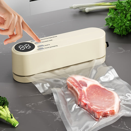 USB rechargeable vacuum sealer with LED indicator, powerful suction, automatic food saver with cutter & bags for dry/moist modes. Compact kitchen appliance for optimal food preservation