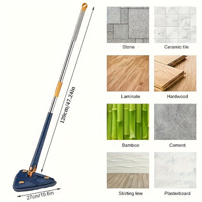 360° Spin Triangle Mop with long handle for hands-free washing on floors, walls and ceilings. Ideal for bedroom, bathroom, kitchen, glass surfaces. Can be used for dry and wet cleaning.