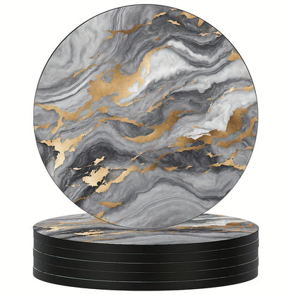 6 golden marbled coasters with absorbent rubber and non-slip backing, perfect for home decor or as a housewarming gift, each 10.16 cm in diameter.