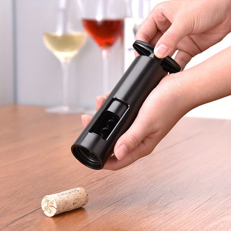 Effortless T-shaped manual wine bottle opener with plastic corkscrew, ideal for home and bar use.