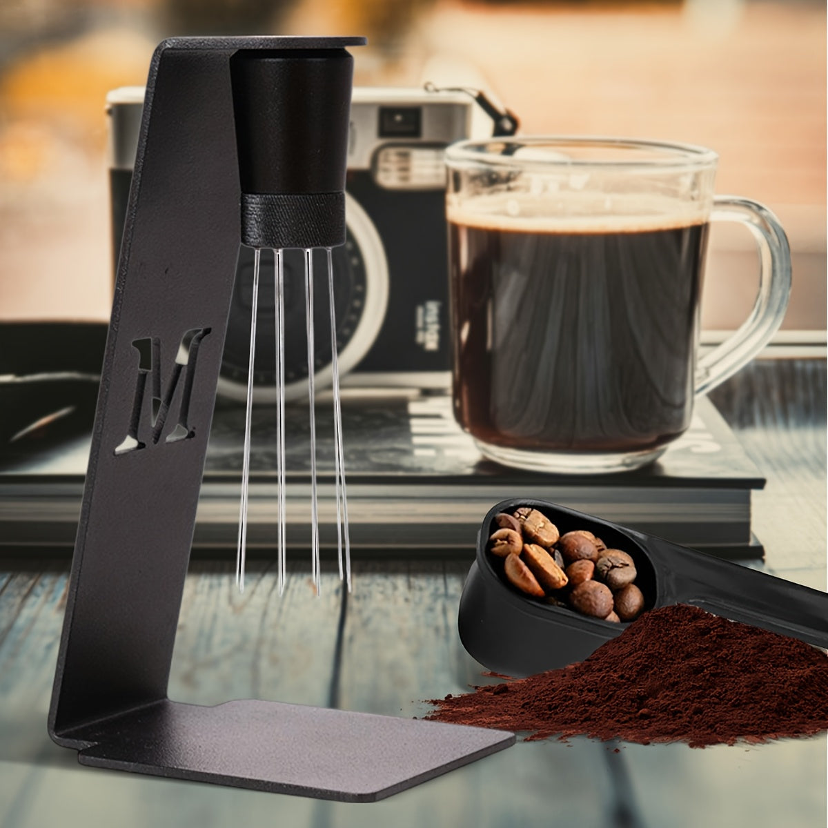 This espresso distribution tool comes with a metal stand and is made of stainless steel with a 0.4mm 8-pin coffee stirring needle. It has an adjustable range and is constructed from aluminum iron. It is safe for food contact, requires no electricity, and