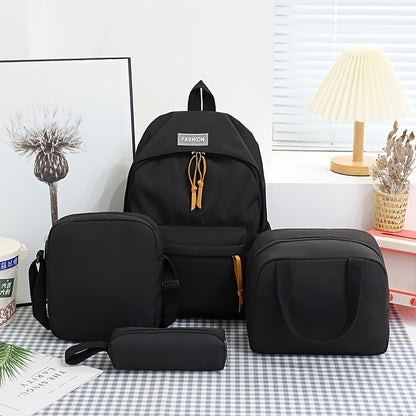 Set of 4 backpacks, cross body bag, handbag, and pen bag in classic solid colors. Suitable for both women and men for casual travel with large capacity. Ideal for schoolgirls and students