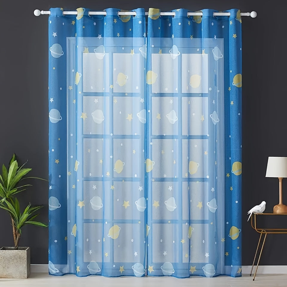 Blue cartoon kids curtain with star and planet print, ideal for boys' room decor. Grommet top design adds a dreamy touch to the window.