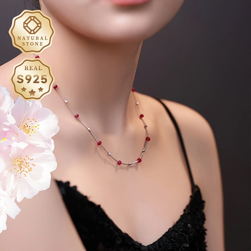 MUFAN Elegant Luxury Red Gemstone Necklace Crafted in S925 Sterling Silver, Perfect for Daily Wear and Gift Giving, Features a Starry Design with Distinctive Stone Patterns and Textures for Women - Comes in a Gift Box [Suitable for All Seasons]