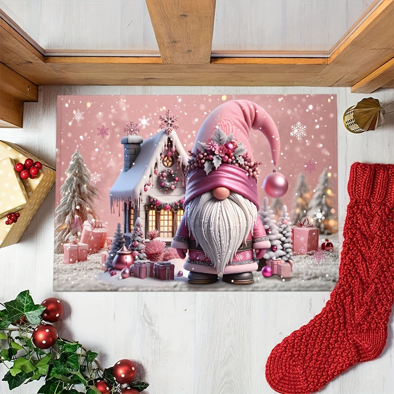 Welcome guests to your holiday home with the charming Pink Christmas Gnome Doormat! This 6mm thick mat is non-slip and machine washable, making it perfect for adding a festive touch to your decor. Ideal for holiday, gnome, and Christmas decorations.