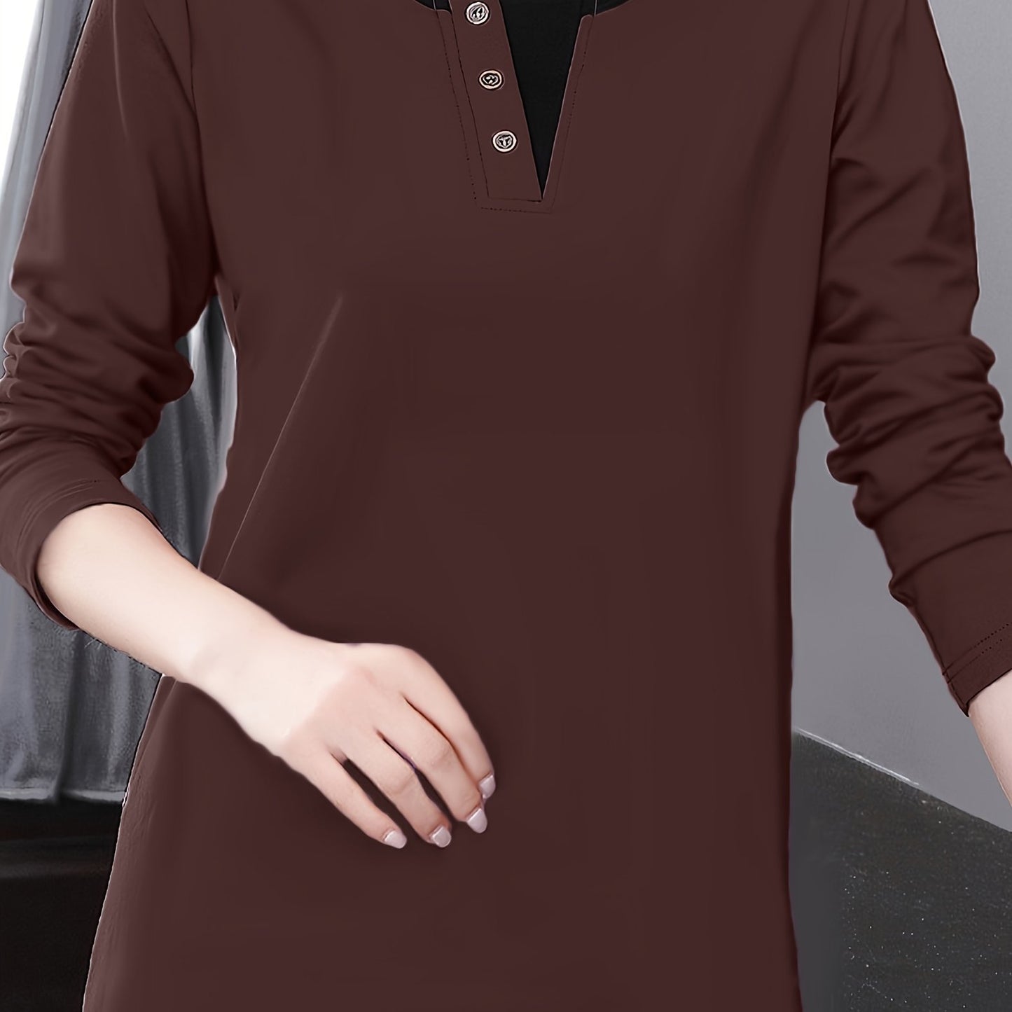 Deep brown long-sleeve T-shirt with contrast trim and faux button detail, made from stretchy polyester blend. Machine washable, elegant Korean style for spring and summer.