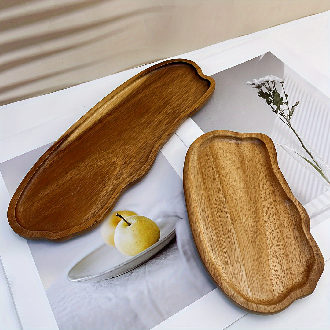 Acacia wood serving tray with smooth polished surface, irregular shape. Ideal for cheese, bread, fruits, and vegetables. Perfect for kitchen, restaurant, café, weddings, and holiday decor. Unique shape and wooden texture.