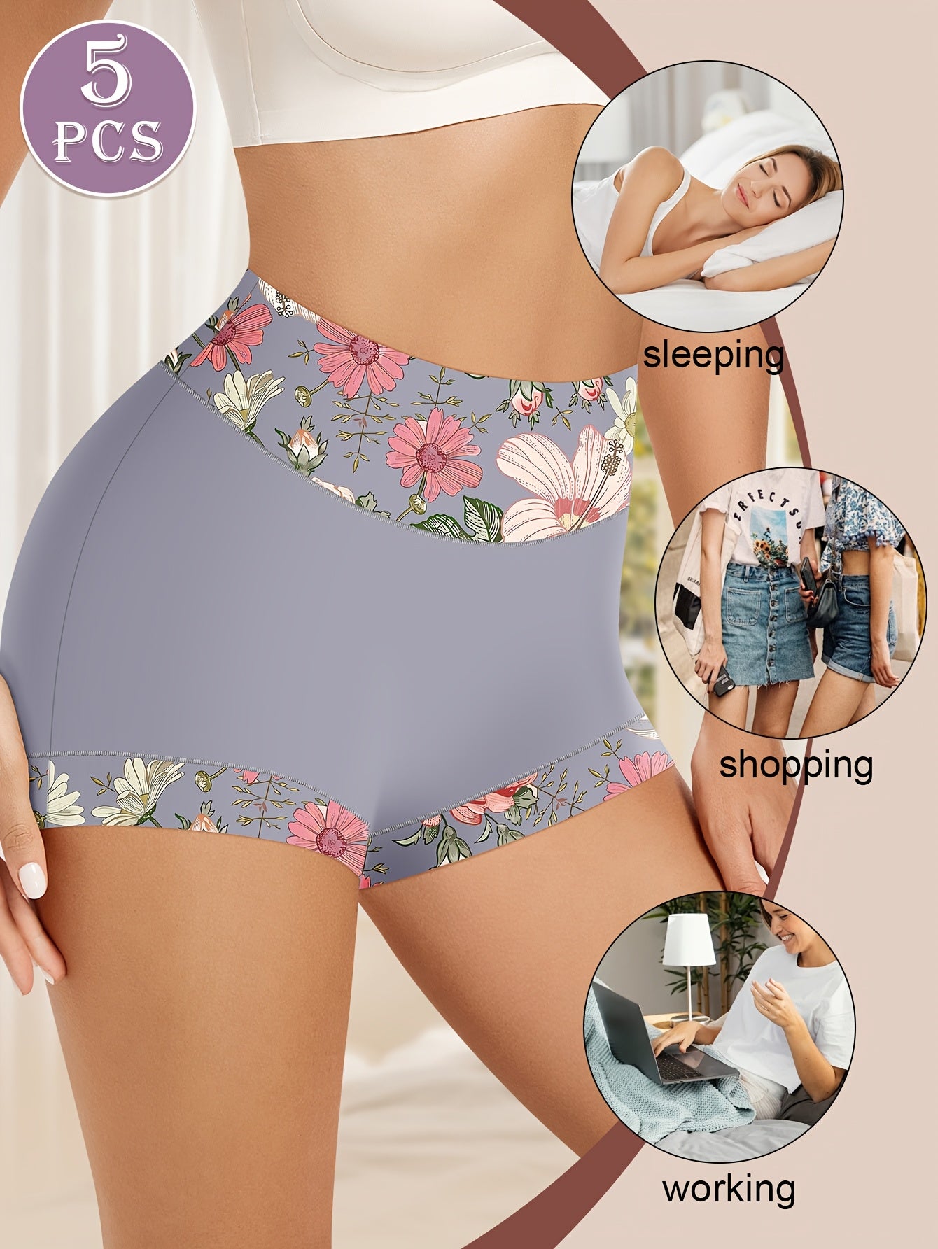 5-Pack MIOTAN High-Waisted Panties for Women with Floral Print, Tummy Control, Butt Lifter, and Elegant Style. Made of Polyester Knit Fabric with Medium Stretch for Comfortable Fit.