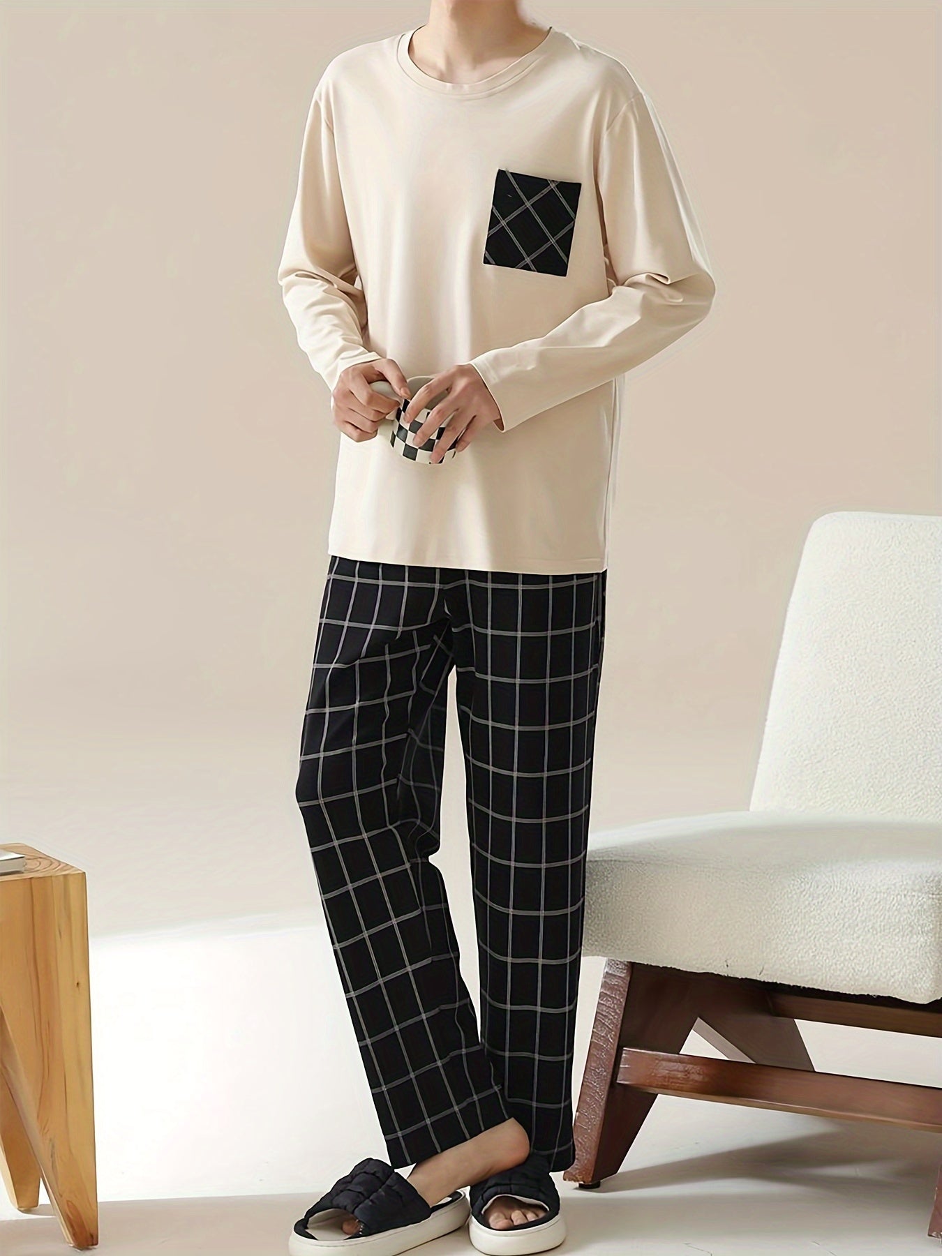 Men's beige long sleeve pullover with pocket, plaid pants in a soft and comfortable sleepwear set. Casual style, regular fit in knit polyester blend fabric - perfect for all seasons.