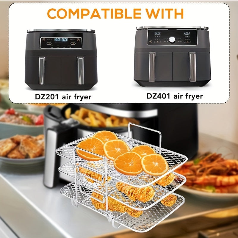 Enhanced Air Fryer Rack made of stainless steel, featuring a multi-tier dehydrator stand with a sleek, tight mesh and curved design. Easily stackable and removable, compatible with NINJA Fryers. Includes an oil brush for added convenience.