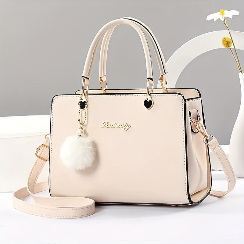 Solid color handbag with multi-layer crossbody design, satchel purse for women with pompom ball charms.