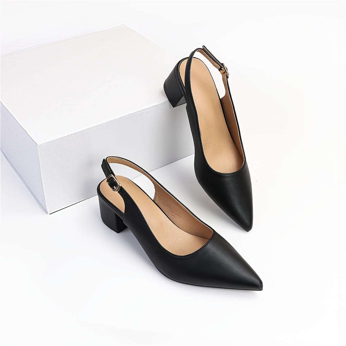 Stylish women's block heel pumps with ankle strap, open back design for parties and all seasons.