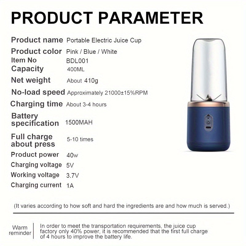 Small, portable juicer cup with 40W power. Can squeeze fruit, mix food, crush ice. Multi-function product.