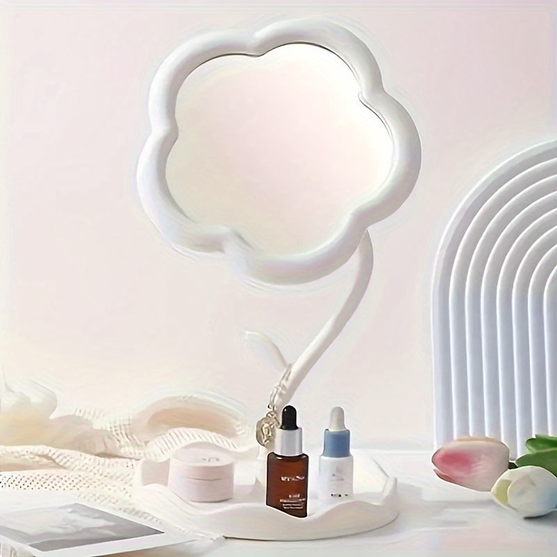 Boxed trumpet cosmetic mirror with flower design, high-definition glass, adjustable bracket, ideal for dressing tables. Perfect for beauty enthusiasts, room décor, and dressing table installation. Plastic frame.