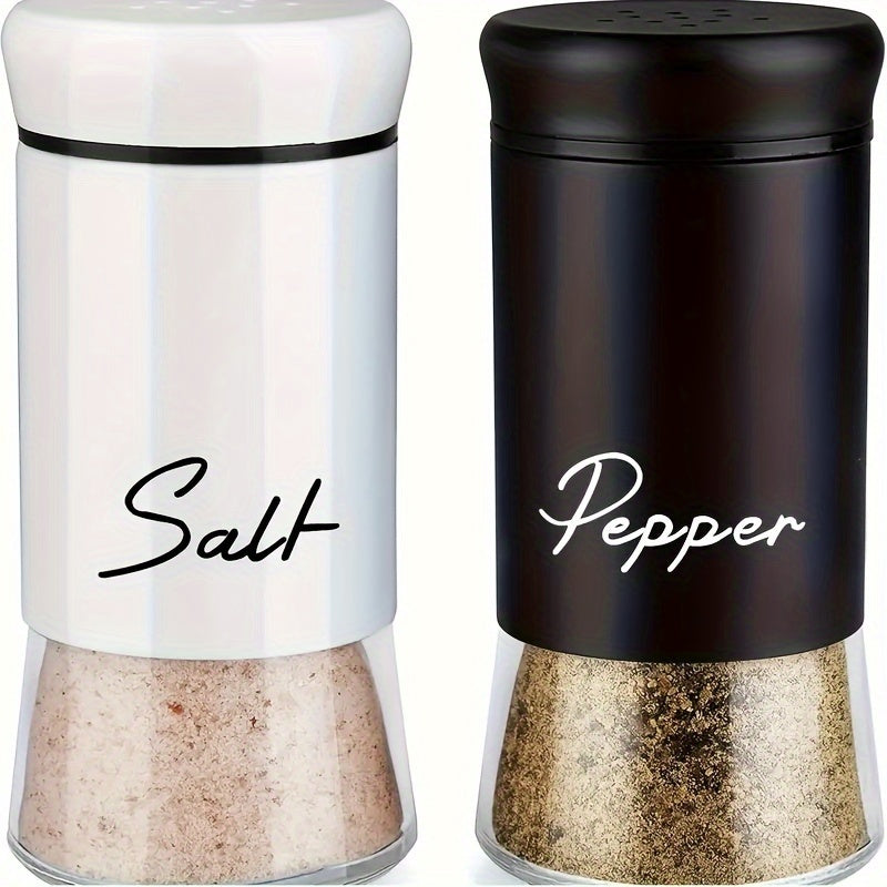 Glass bottom salt and pepper seasoning jars with stainless steel lids, ideal for use in kitchens, camping, RVs, and barbecues. Fillable design, set includes 2 pieces.