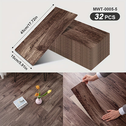 32 peel and paste floor tiles with wood grain design, 45cmx15cm, self-adhesive, waterproof, suitable for bedroom and home decor.