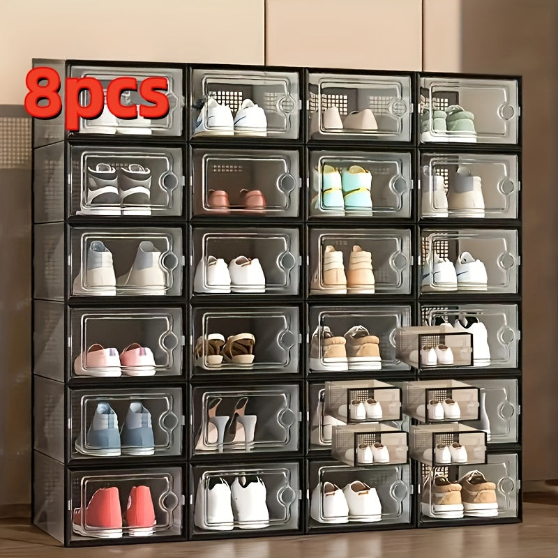 An assortment of clear plastic shoe containers in different dimensions, created for easy stacking and acting as multiple-tier shoe storage units that keep dust at bay. These adaptable shoe organizers are ideal for showcasing in homes and dorm rooms