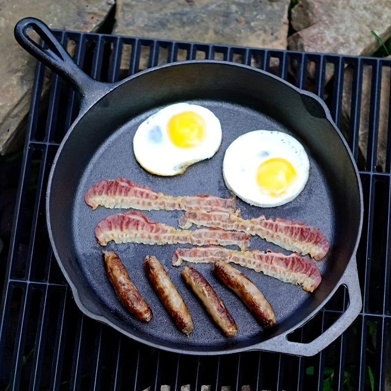 Set of 3 pre-seasoned cast iron skillets with pour spouts and convenient dual handles, suitable for both indoor and outdoor cooking.