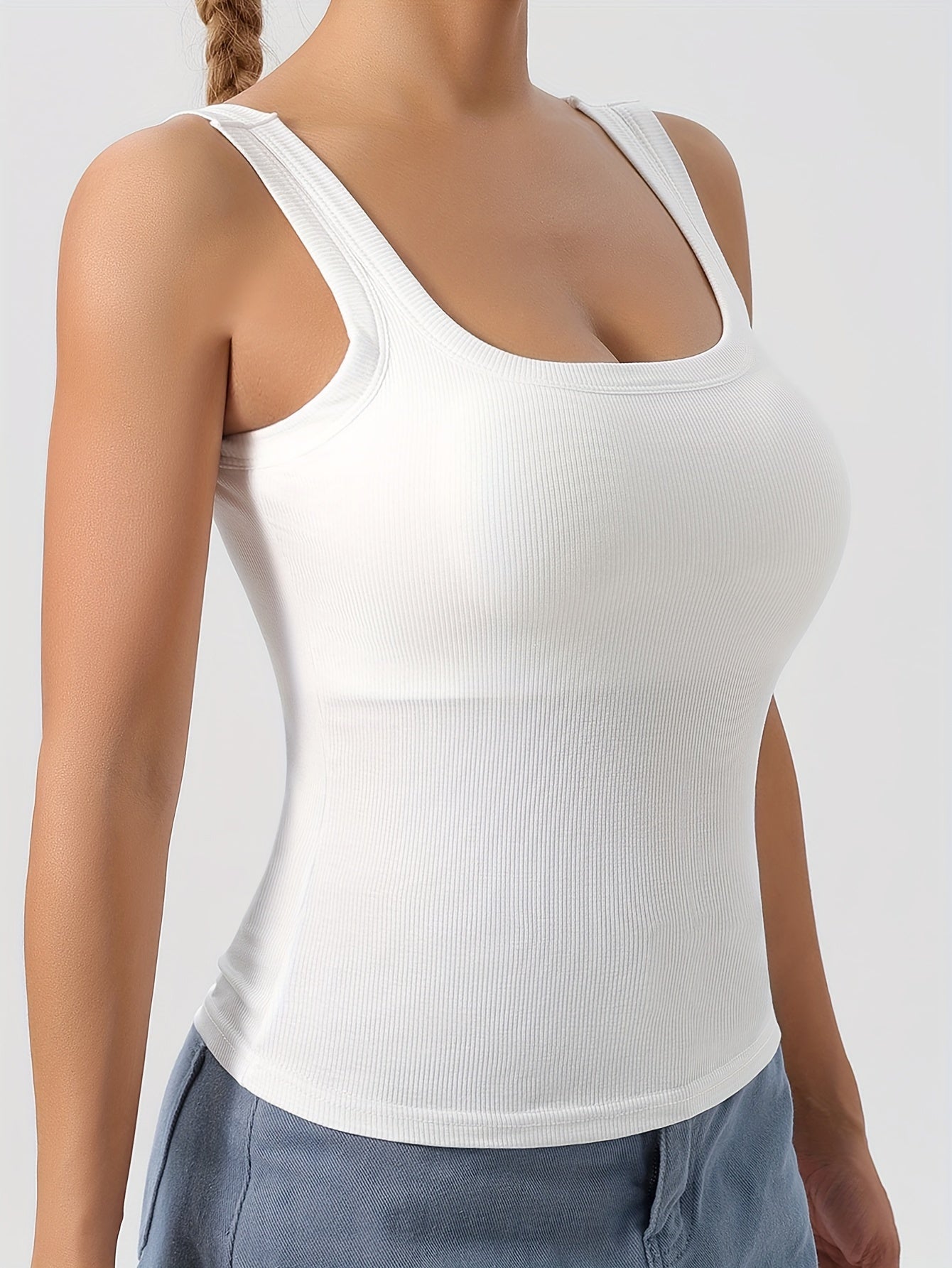 2 Simple Solid Square Neck Tank Tops with padded backless design for women's lingerie and underwear.