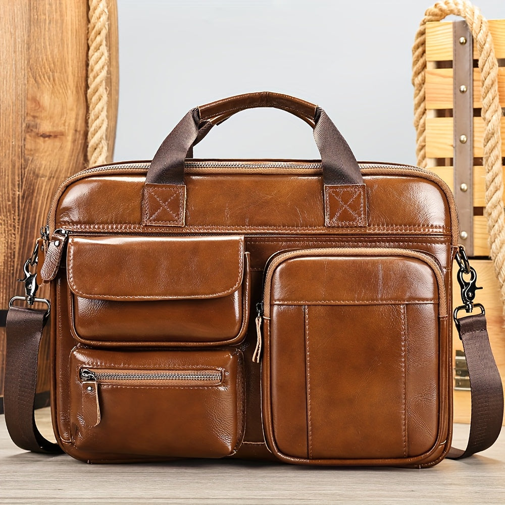 Men's leather business travel briefcase with adjustable shoulder strap, laptop compartment, multiple zippered pockets, in brown top grain cowhide.