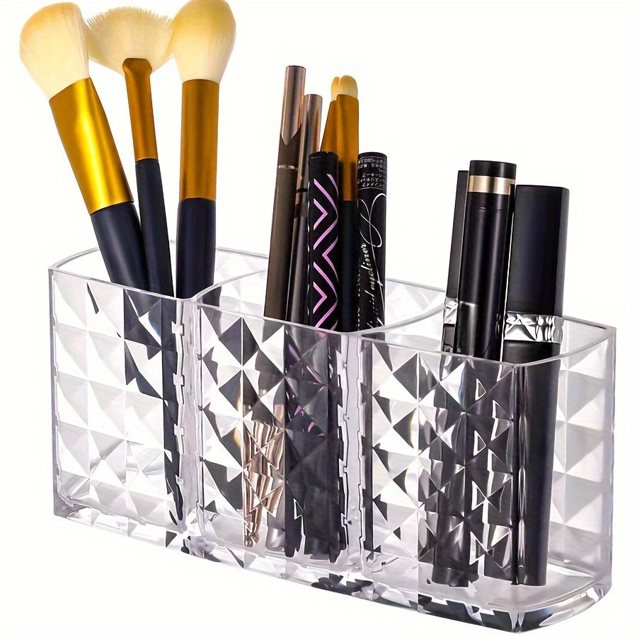 Plastic makeup organizer with multiple compartments, perfect for organizing cosmetics. Lightweight and freestanding, no electricity needed. Ideal for home and living room organization.