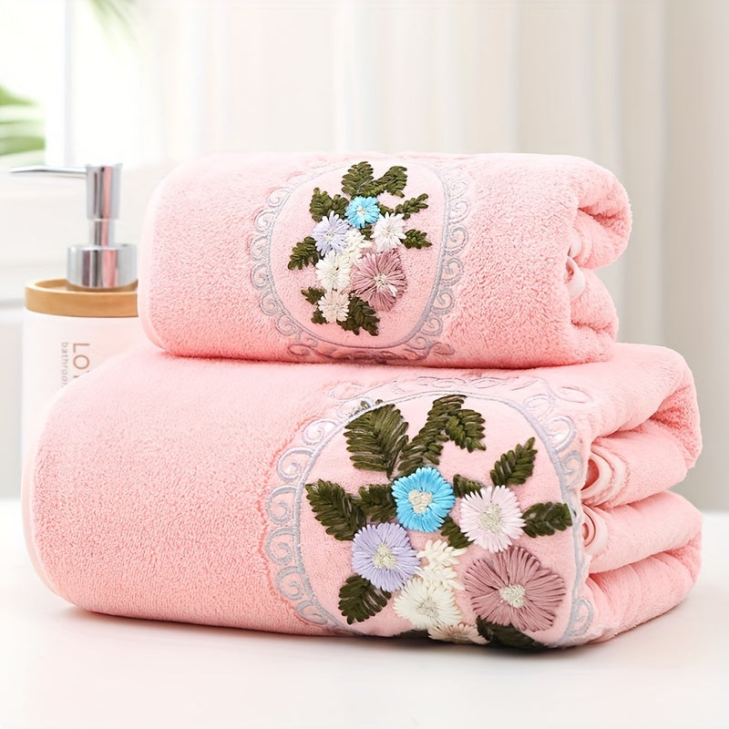 Self-gauze Flower Bath Towel + Towel,2pcs set includes Flower 1pc Bath Towel and 1pc Bath Towel, Thickened Soft Striped Bath Towel. Absorbent and quick-drying, suitable for swimming and