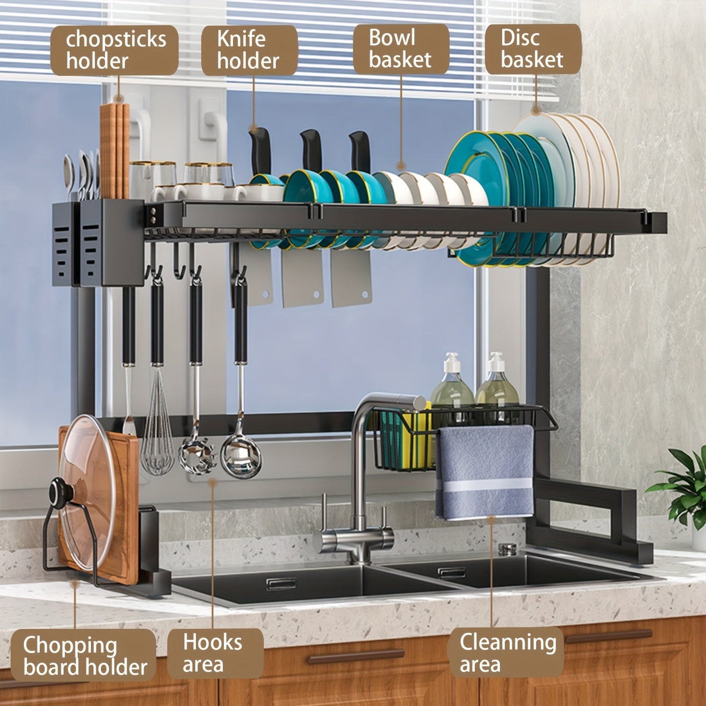 Large black metal dish drying rack that fits over the sink, includes detachable shelf with utensil holder, cup rack, and cleaning sponge caddy. Saves space in the kitchen and doesn't require electricity. Great for organizing kitchen storage.