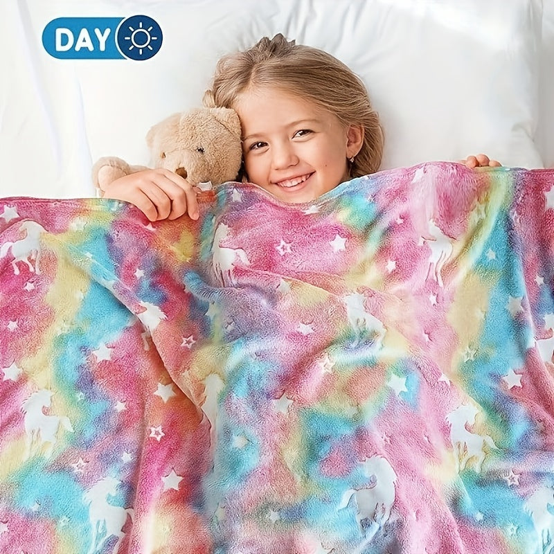 Bohemian Style Unicorn Glow in the Dark Throw Blanket for Kids - Soft Flannel Fleece, Great for Sofa, Bed, Car, and Office - Perfect Birthday Gift with Versatile Use - Machine Washable Polyester Blanket, Luminescent Anime Design, 250-300g