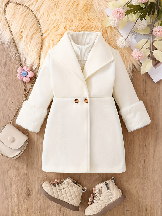 Stylish Girls' Winter Trench Coat with Faux Fur Trim, Plush Lining, and Lapel Collar - Ideal for Fall/Winter.