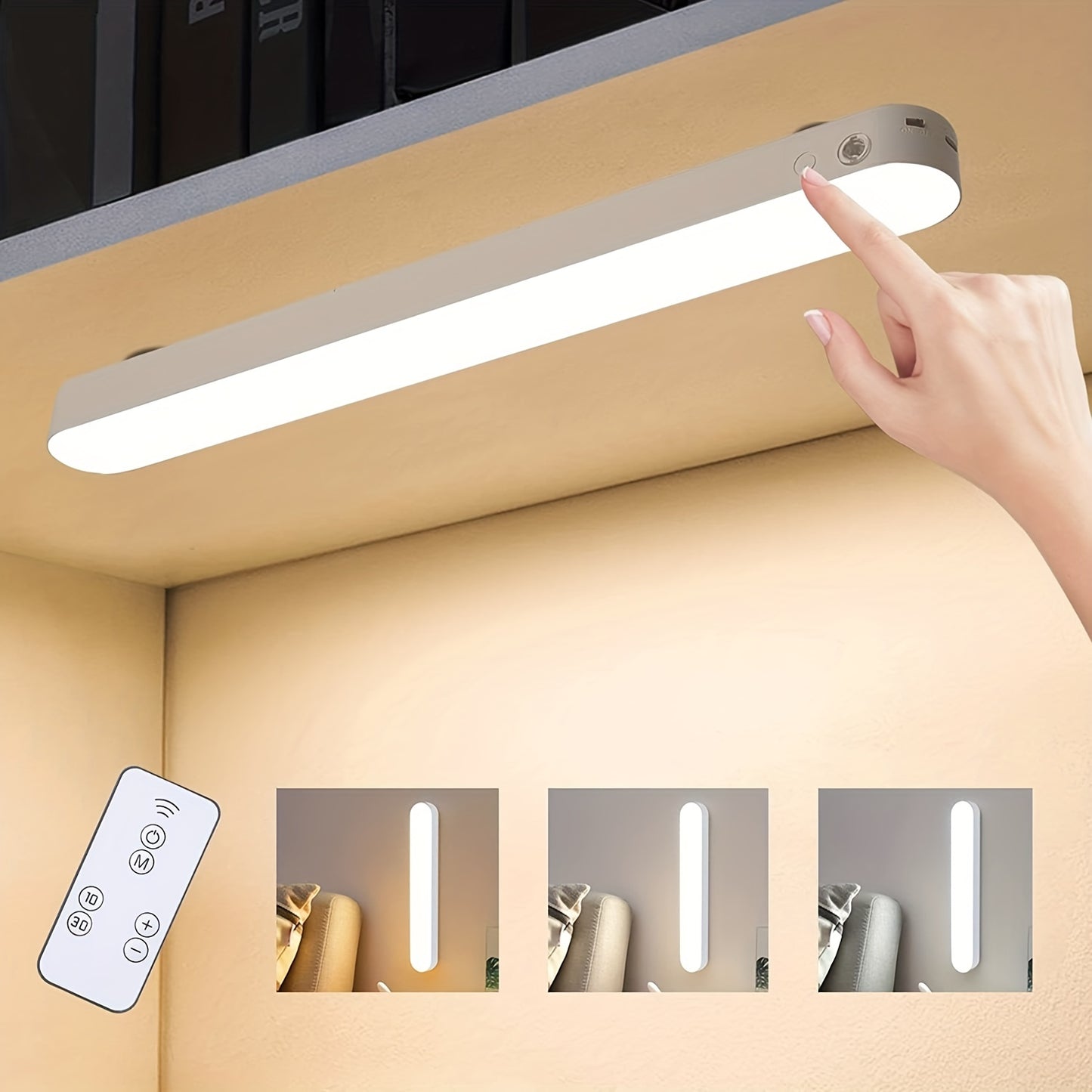 Dimmable LED under cabinet lighting with touch sensor and remote control. Features color changing options, magnetic mount, and rechargeable lithium battery. Includes 3 color modes and touch control.