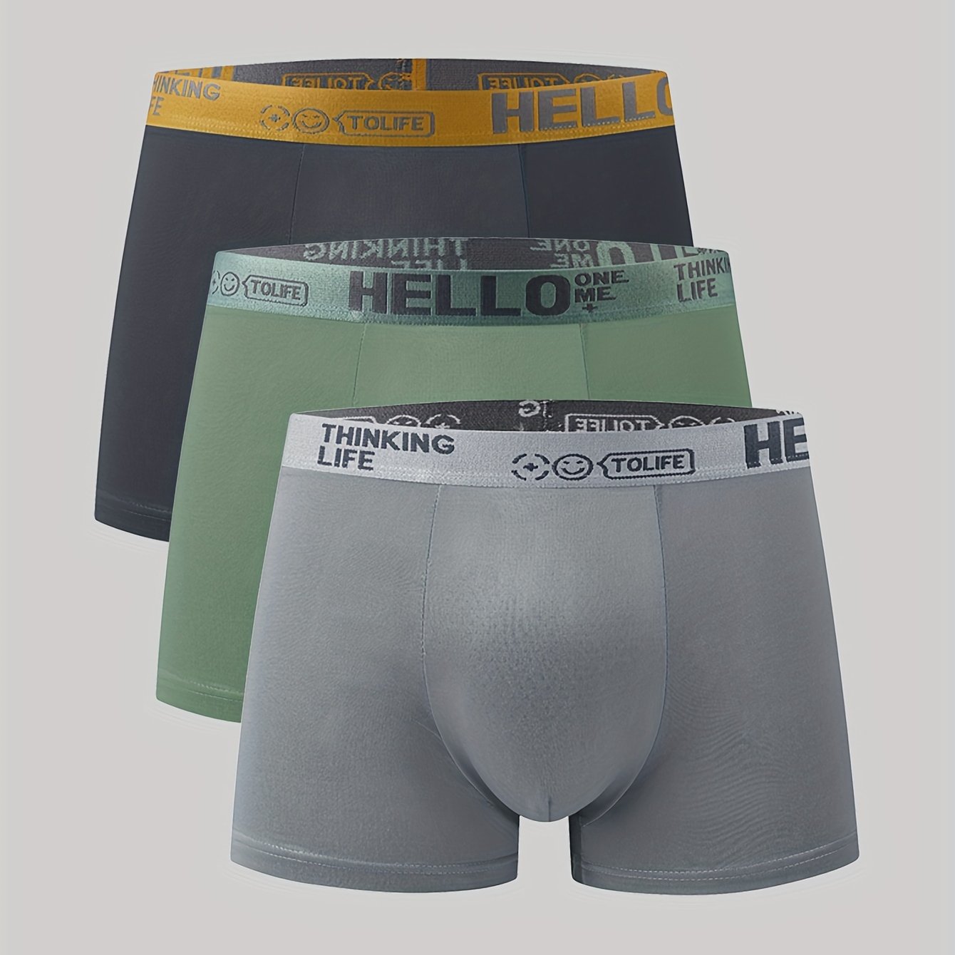 3pcs 'Hello' Print Men's Boxer Briefs - Stylish, breathable, and comfortable sports trunks with high stretch and quick-drying technology.