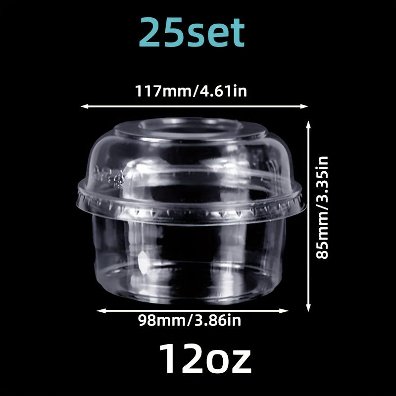 25 sets of clear plastic dessert cups with lids made from PET material, designed for reuse. These round candy packaging boxes are perfect for cakes, sweets, and fruit. They are transparent food containers suitable for both home and party use.