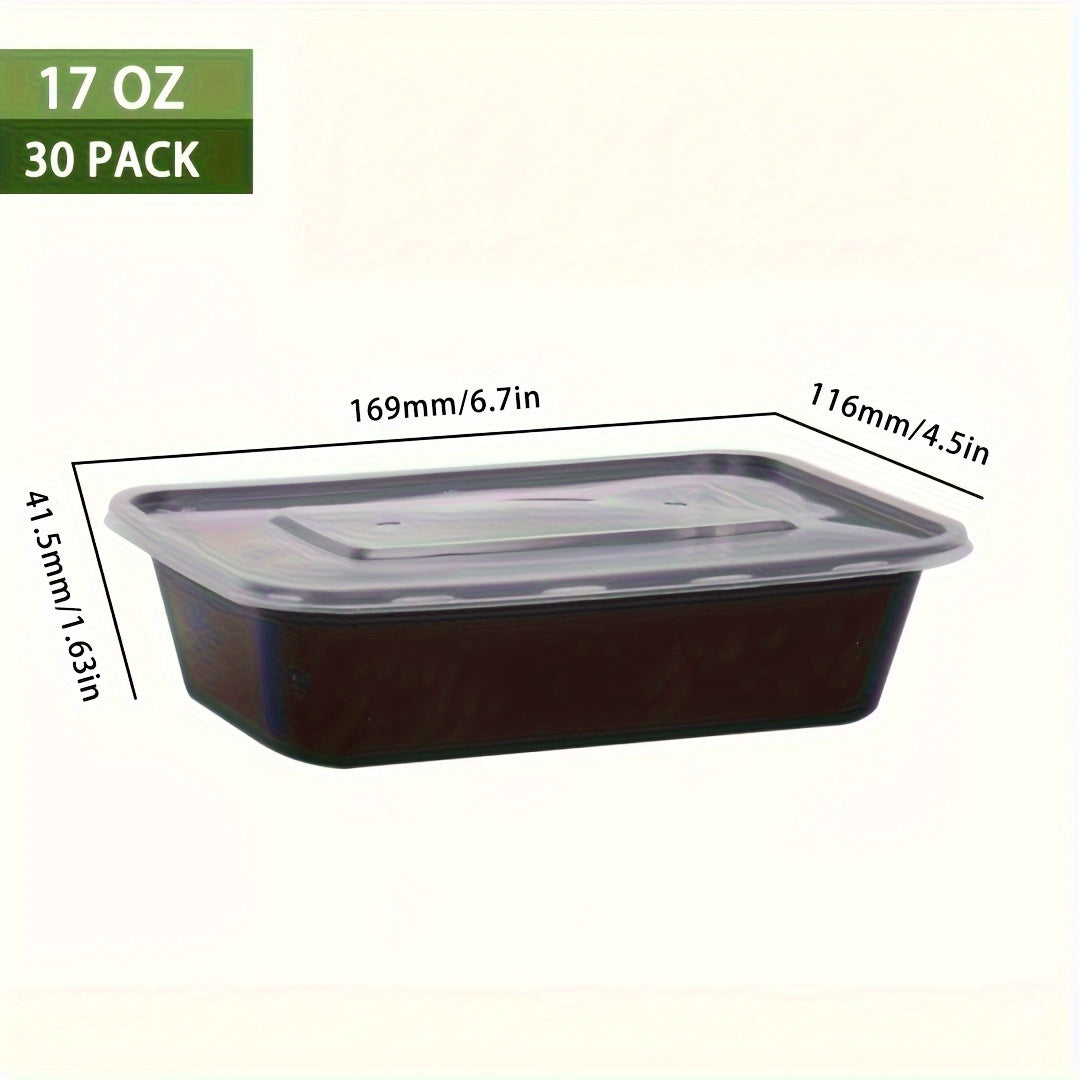 30 pieces of plastic black boxes with lids in 17, 22, and 26 ounce sizes. These rectangular food storage containers are BPA free and come with leakproof covers. They are stackable and microwave-safe, making them ideal for storing food. Perfect for use as